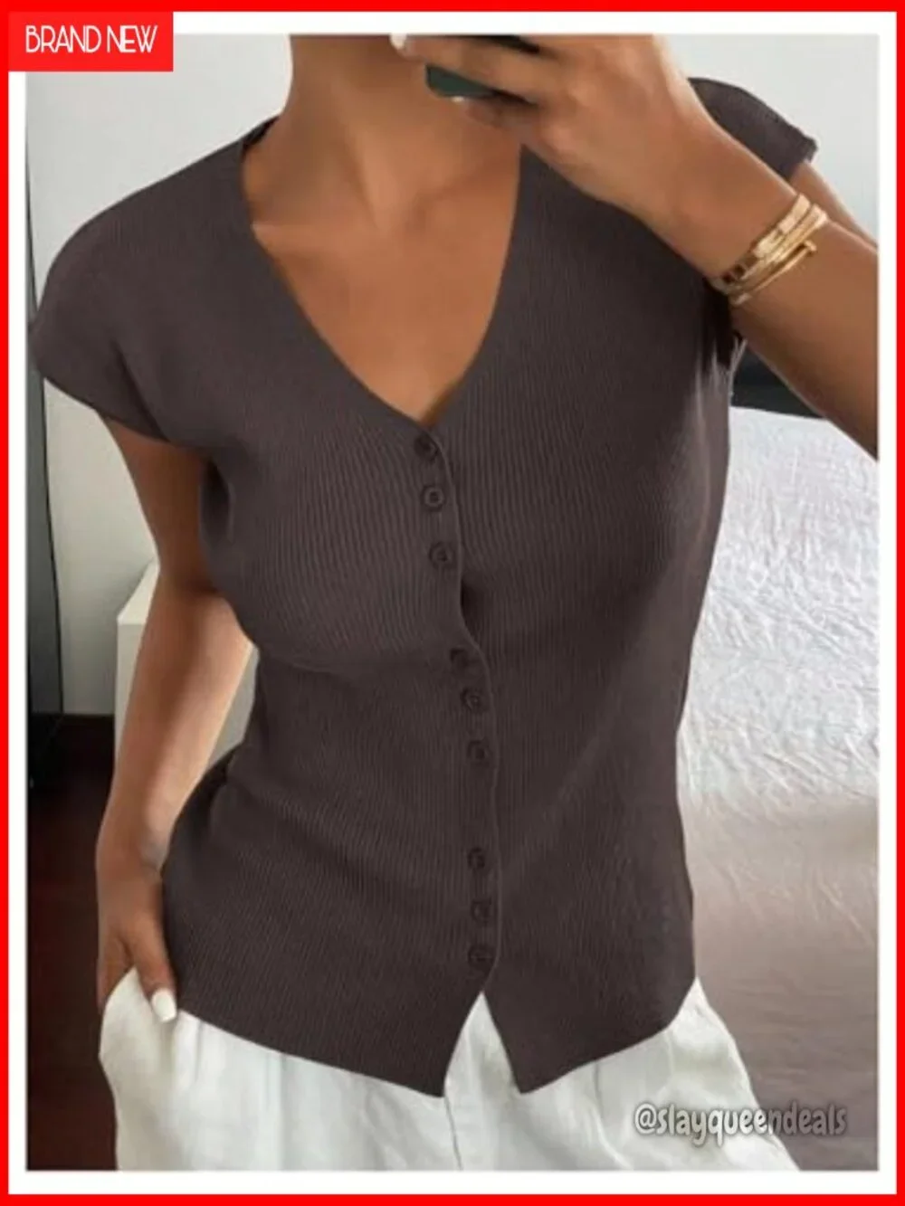 Button Down V Neck Cap Sleeve Ribbed Knit Tops - Picture 3 of 5